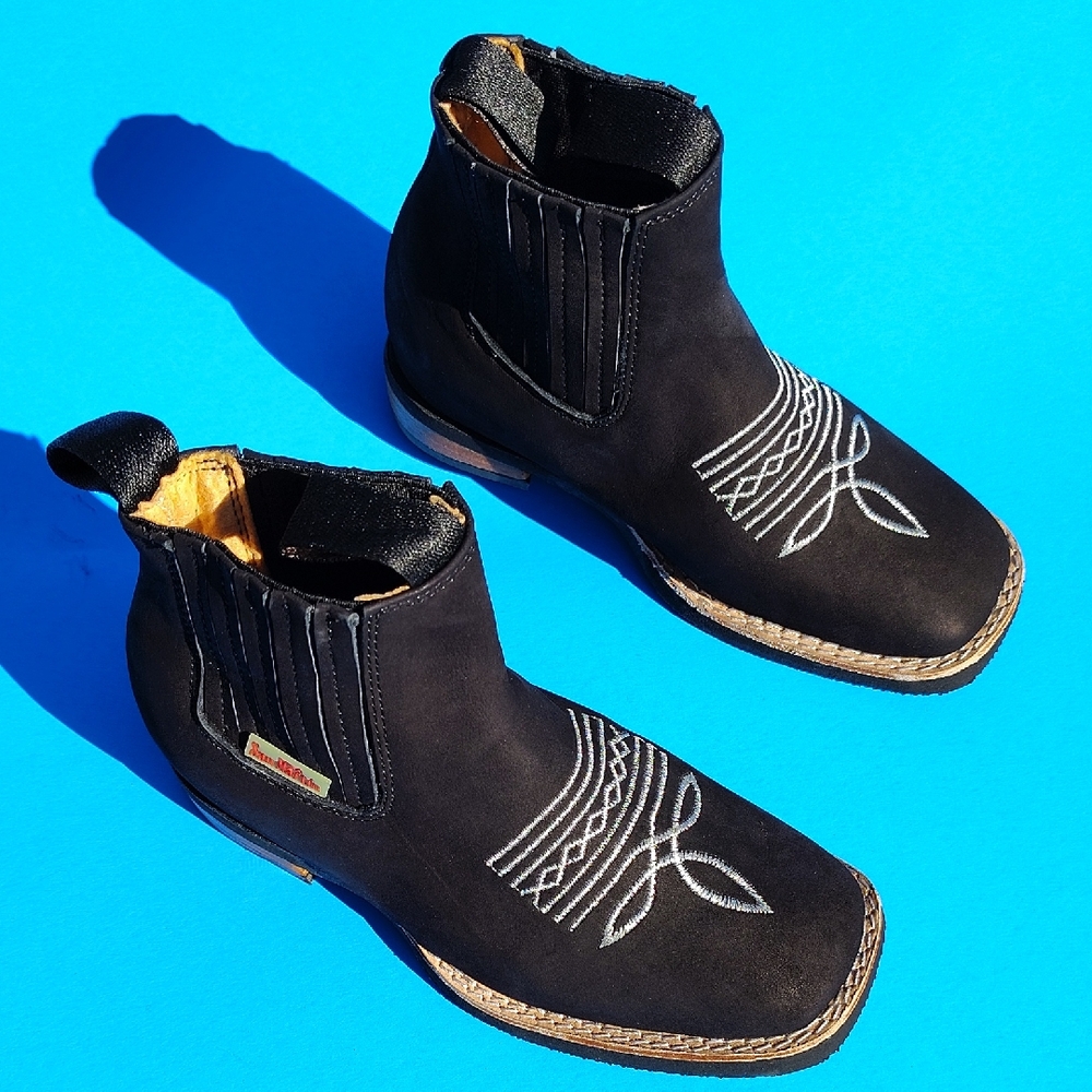 ( Boys ) Black Ankle Boots with White Embroidery.